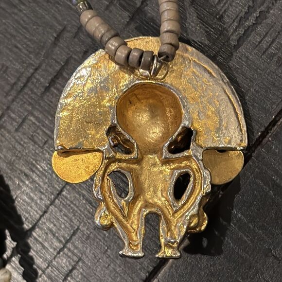 Vintage Anthropomorphic Figure Diadem Gold Tone Aztec Massive Pendant Necklace - Picture 4 of 8